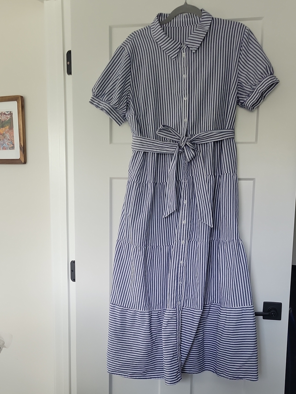 Cotton Striped Blue and White Maxi Dress with Waist Tie
